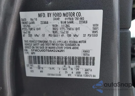 2010 Ford Escape Xlt z USA, uszkodzony, nr VIN 1FMCU0D75AKD24281